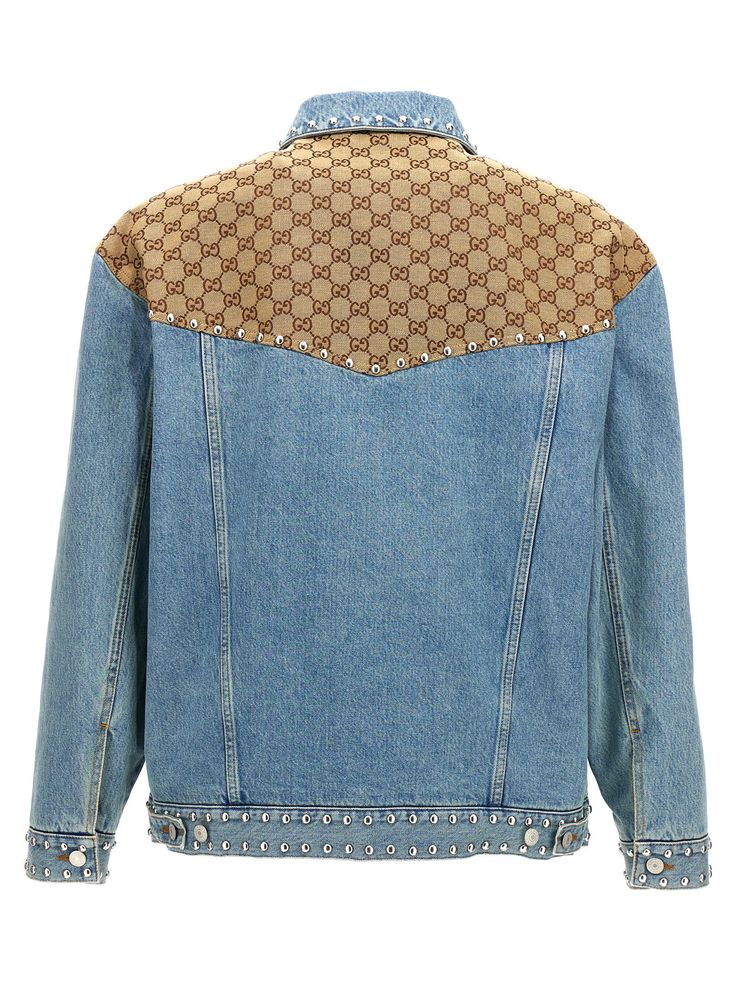 Délavé effect cotton denim jacket with 'GG' fabric inserts, button closure, pockets, and long cuffed sleeves. Composition: 100% cotton Gucci Luxury Cotton Outerwear, Luxury Gucci Cotton Outerwear, Gucci Luxury Outerwear With Button Cuffs, Designer Cotton Button-up Outerwear, Gucci Designer Cotton Outerwear, Designer Gucci Cotton Outerwear, Gucci Cotton Outerwear For Spring, Gucci Spring Streetwear Outerwear, Designer Long Sleeve Denim Jacket With Button Closure