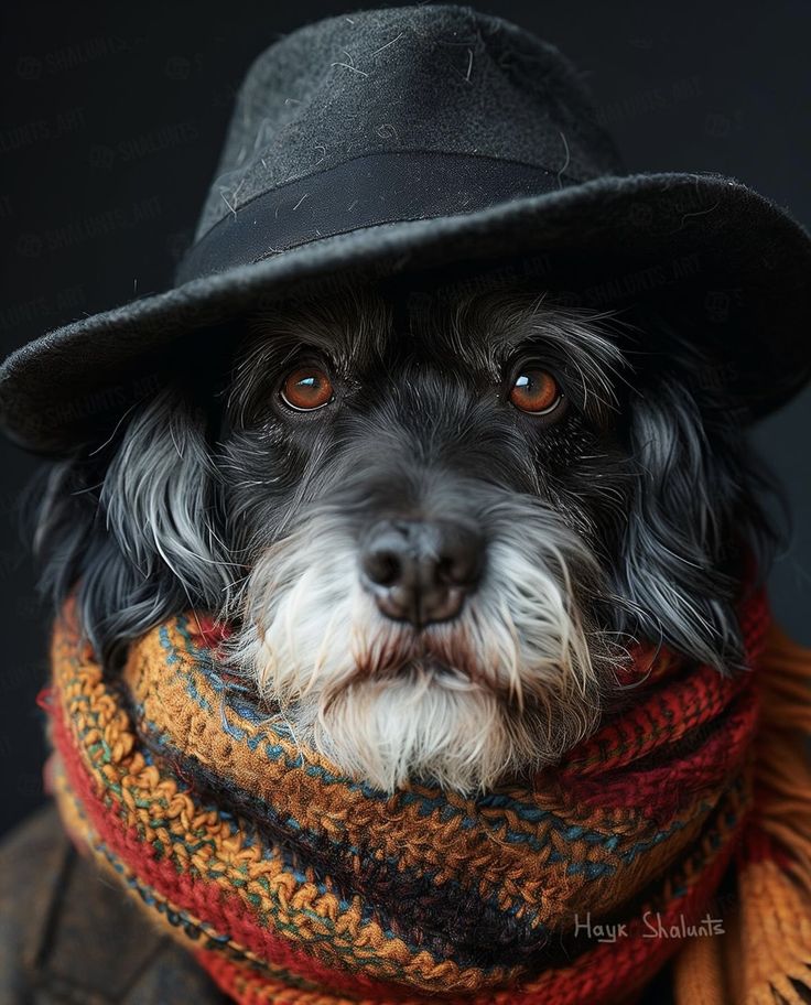 a dog wearing a black hat and scarf