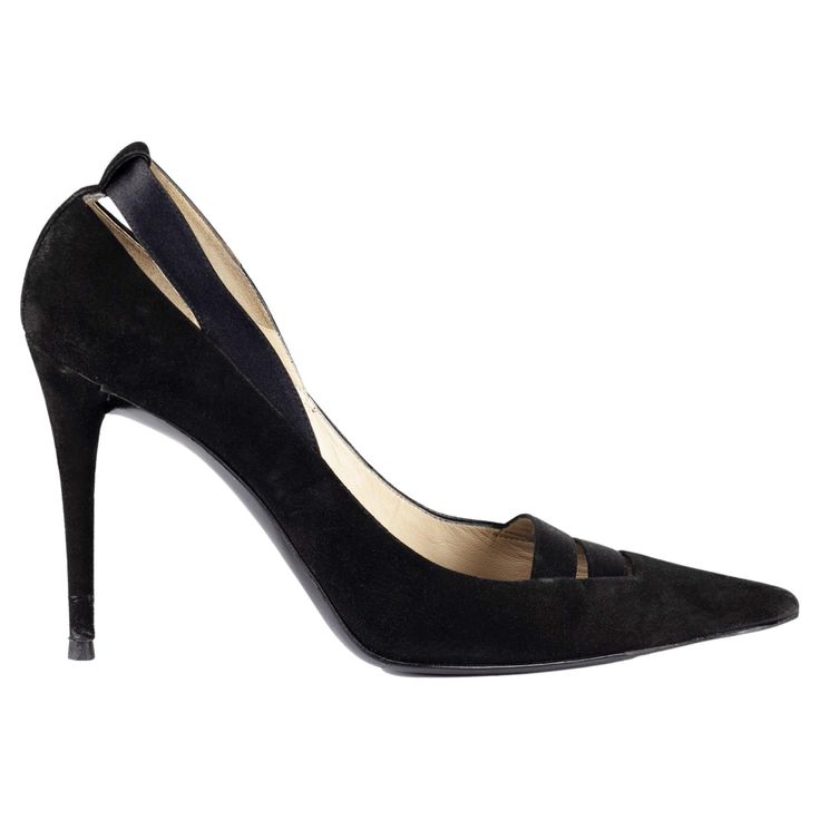 Elevate any look with these Gucci pointed-toe high heel pumps. These classic stilettos are crafted from black suede leather. The satin strap details at the tip and ankle offer an elegant touch. Heel Pumps, High Heel Pumps, Pumps Heels, Black Suede, Suede Leather, High Heel, Clothing And Shoes, Shoes Heels, High Heels