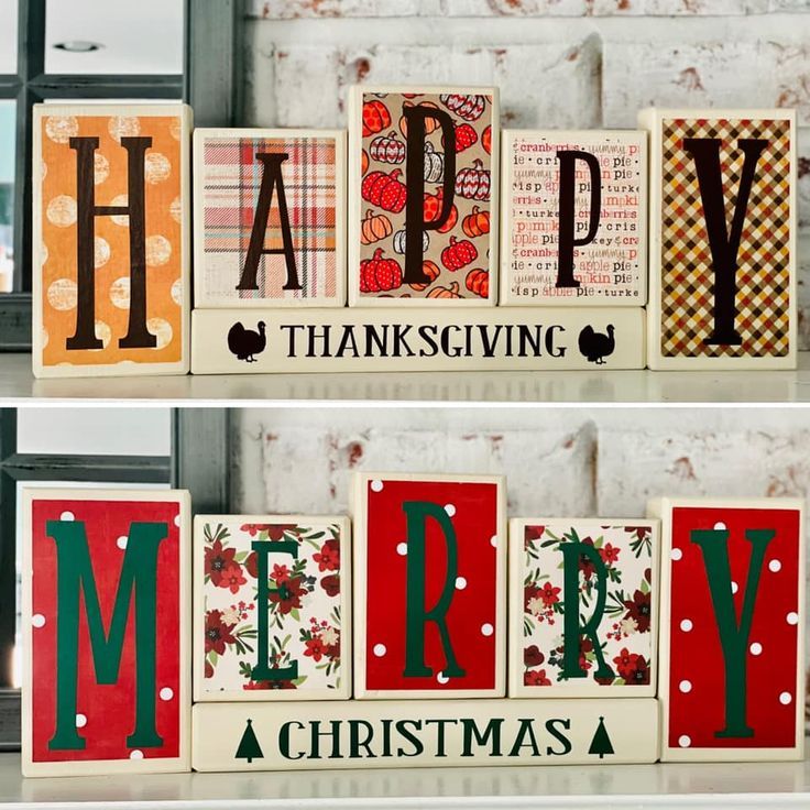 two wooden blocks that say happy thanksgiving and merry christmas with red, green and white decorations