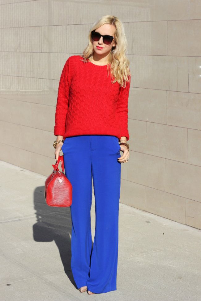 red and blue Bright Pants Outfit, Royal Blue Pants Outfit, Electric Blue Pants, Blue Trousers Outfit, Hoc Autumn, Cobalt Blue Pants, Bright Blue Pants, Blue Pants Outfit, Royal Blue Outfits