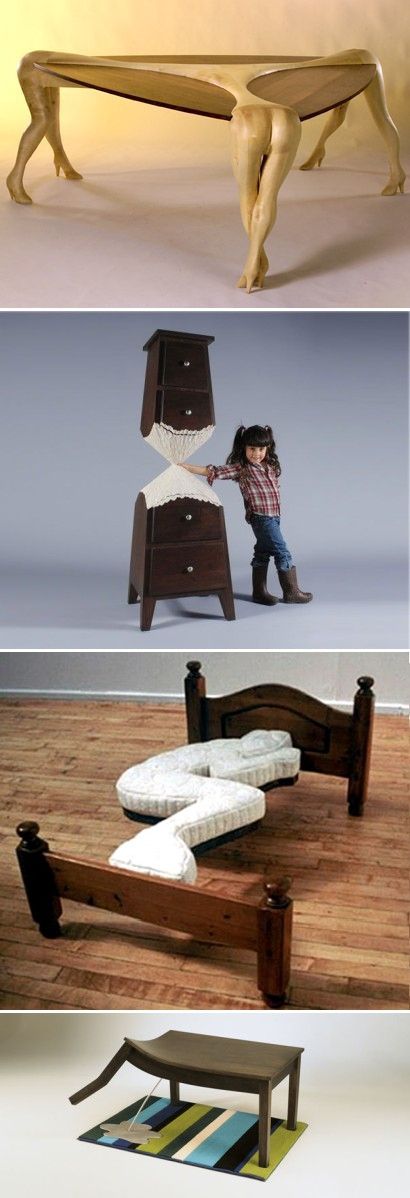 four different types of furniture made out of wood, including a bed frame and foot board