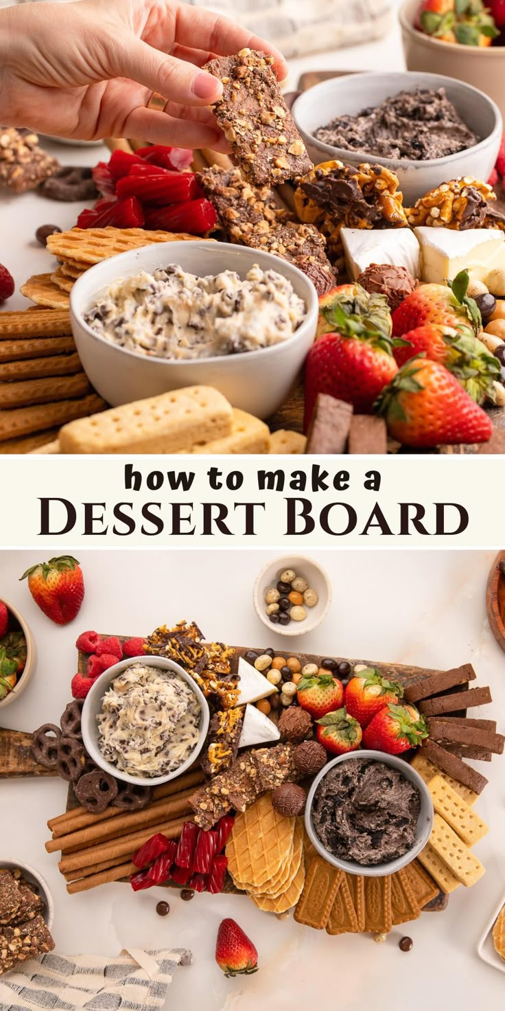 dessert charcuterie board from side and from top. Chacutery Board Ideas Desserts, Christmas Dessert Dip Board, Fruit Dessert Board, Thanksgiving Dessert Board Platter, Aldi Dessert Charcuterie Board, Thanksgiving Charcuterie Desert Board, Healthy Dessert Board, Cookie And Brownie Charcuterie Board, Friendsgiving Dessert Charcuterie Board