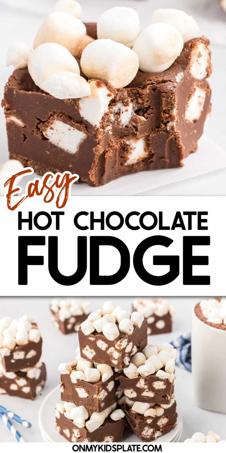 easy hot chocolate fudge recipe with marshmallows on top and in the middle