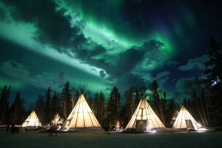 the aurora bore is lit up in the night sky over some tippy houses and trees