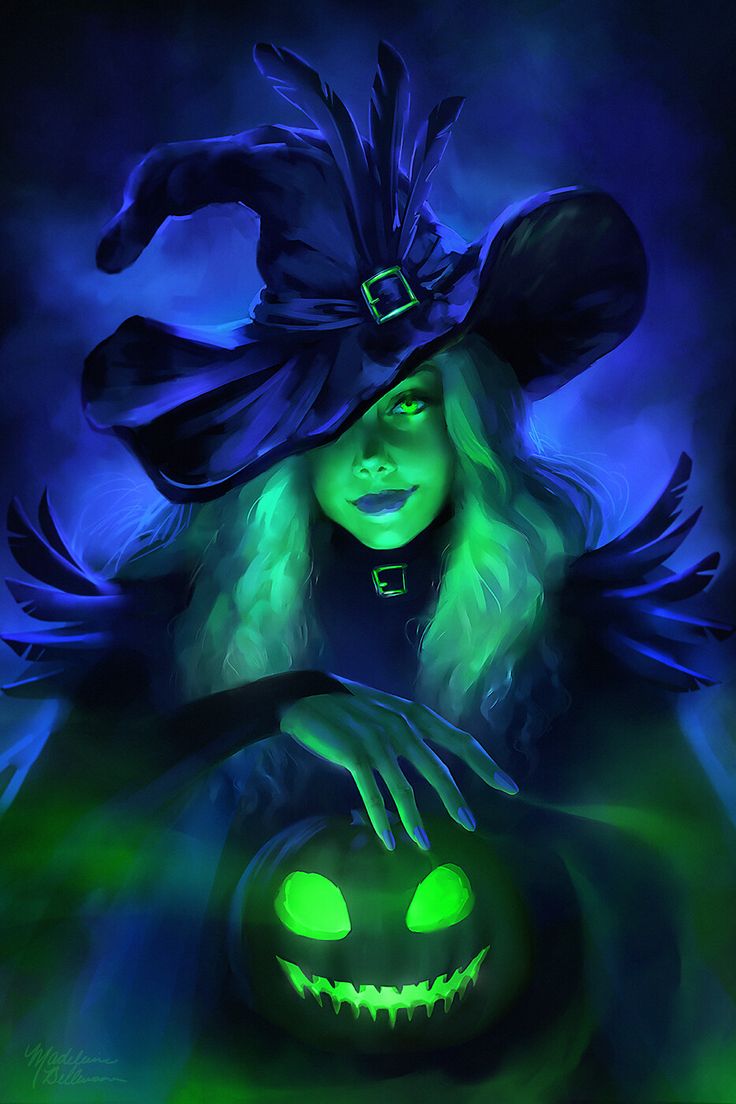 a painting of a witch holding a pumpkin with her hands on the top of it