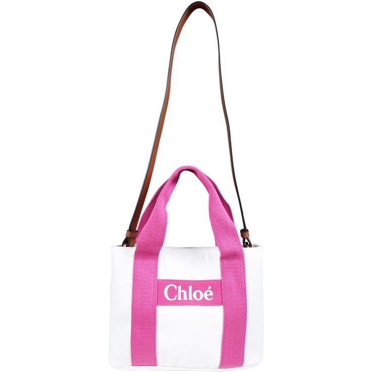 Color: White White bag, with handles, adjustable shoulder strap, zip closure on the top. It is embellished with fuchsia details and logo on the front. 100% Cotton. Chic Canvas Bags With Logo, Logo Satchel Shoulder Bag For Daily Use, Chic Canvas Shoulder Bag With Logo, Logo Shoulder Satchel Bag For Daily Use, Trendy Top Handle Shoulder Bag With Logo, Casual Top Handle Shoulder Bag With Logo, Pink Top Handle Bag With Logo, Double Handle Bags With Logo Strap For Shopping, Shopping Bags With Logo Strap And Double Handle