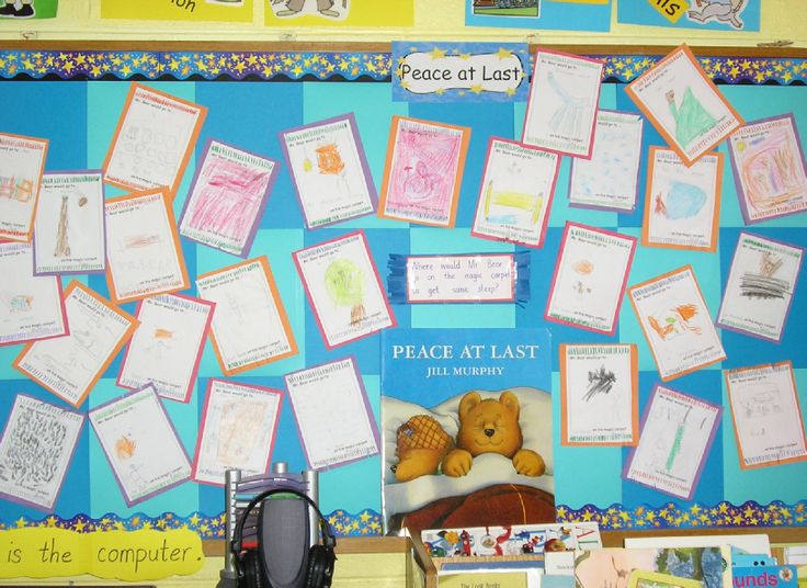 a bulletin board with pictures and writing on it in front of a blue wall filled with children's books