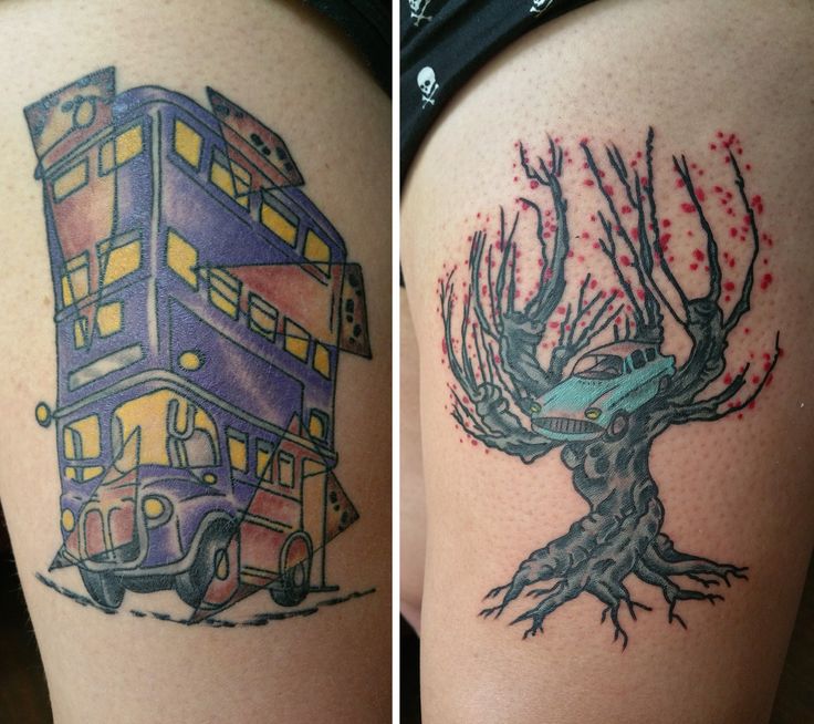 two pictures side by side one with a tree and the other with a bus on it