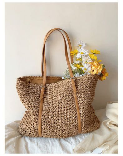 Elena Handbags Large Straw Summer Tote Spring Tote Shoulder Bag, Brown Spring Beach Bag For Travel, Spring Brown Beach Bag For Travel, Spring Travel Brown Beach Bag, Chic Spring Travel Beach Bag, Spring Travel Basket Crochet Bag, Spring Travel Crochet Bag With Double Handle, Casual Spring Straw Crochet Bag, Chic Everyday Summer Straw Bag