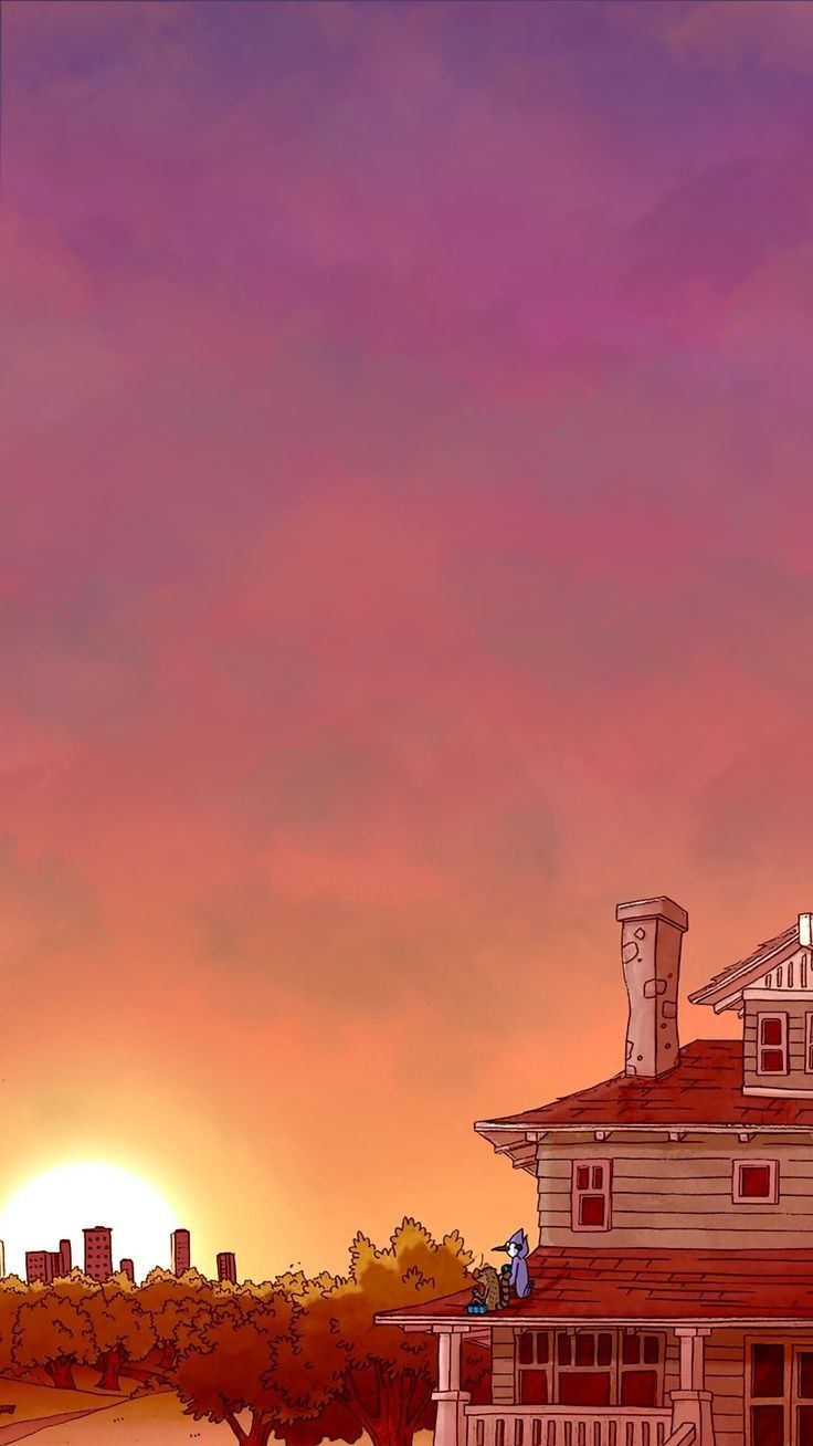 the sun is setting behind a house with two people standing on the roof and looking out at the street