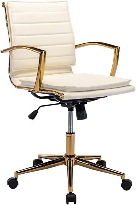 a white office chair with gold trimmings on the arms and back, against a white background