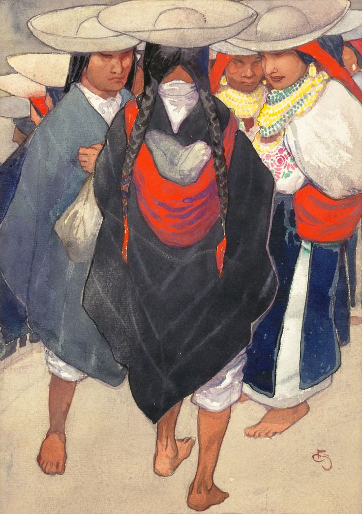 two women carrying large white hats on their heads and one woman with long braids