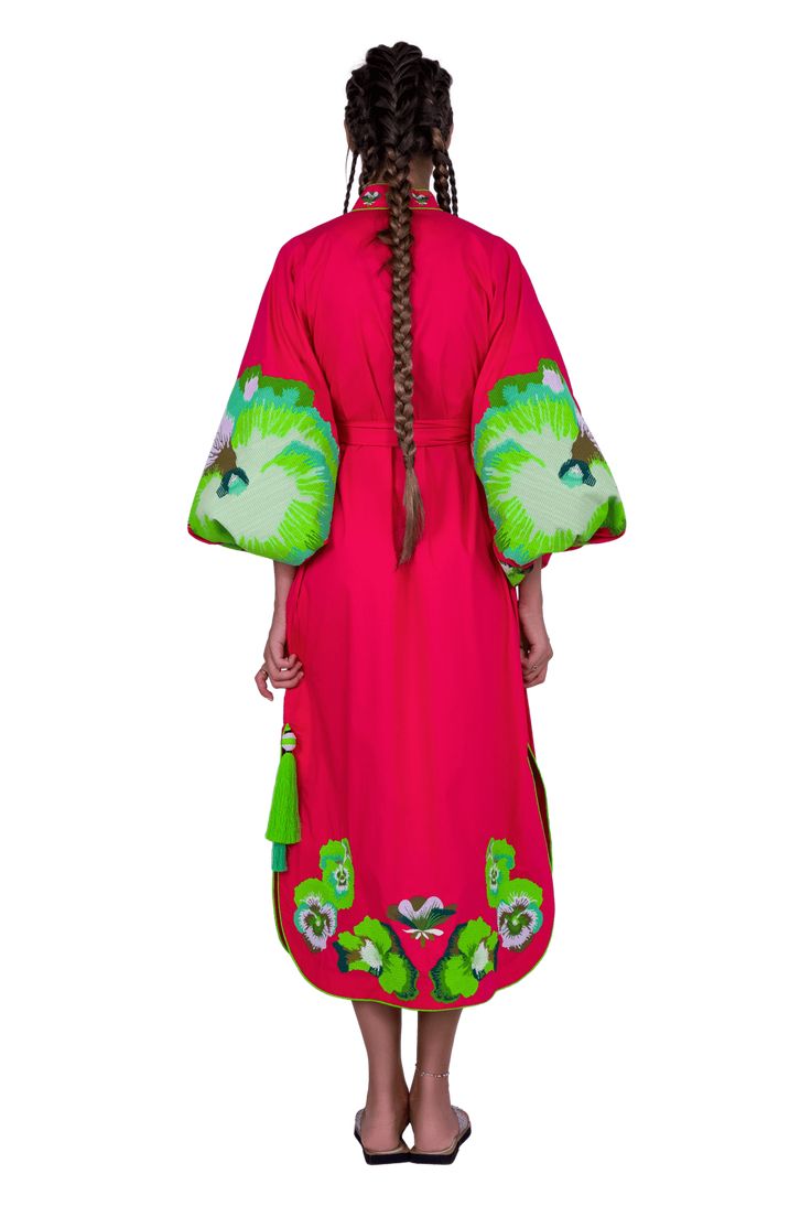 Luxurious Red/Green Pansies Women's Midi Caftan Yuliya Magdych Traditional Kaftan With Multicolor Embroidery, Traditional Kaftan With Multicolor Embroidery And Patterns, Traditional Embroidered Kaftan With Traditional Patterns, Traditional Multicolor Embroidered Cotton Dress, Multicolor Embroidered Dress With Traditional Patterns, Green Kaftan With Traditional Patterns, Pink Embroidered Kaftan For Festivals, Spring Cotton Kaftan With Multicolor Embroidery, Embroidered Pink Kaftan For Festivals