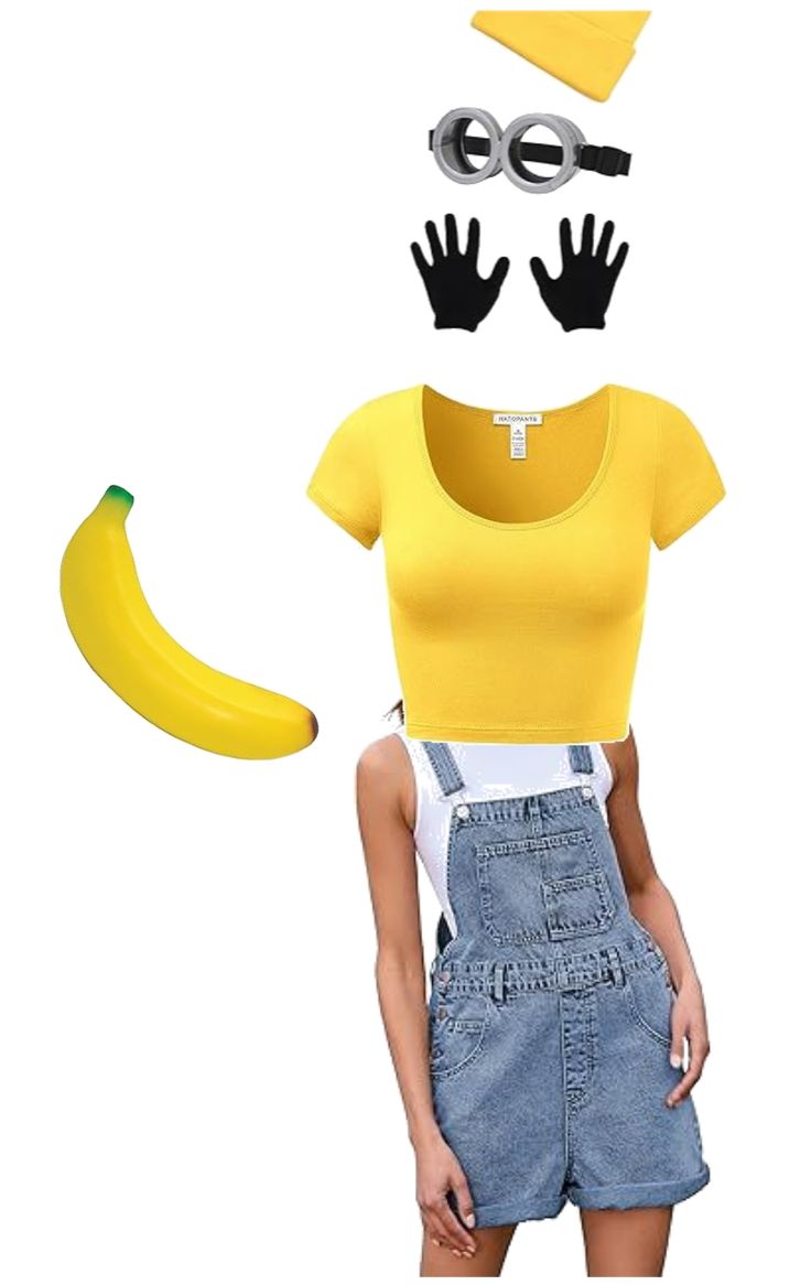 a woman wearing overalls and a yellow shirt with her hands up to the side