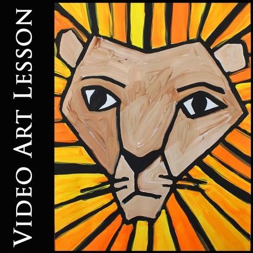 a painting of a lion's face with the words video art lesson on it