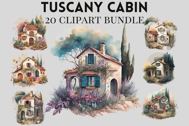 the tuscany cabin clipart bundle is shown in various colors and sizes, including watercolors