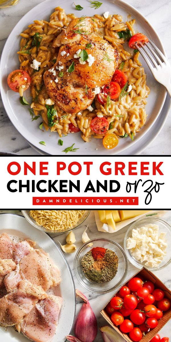 A must-try main course idea! It's a one-pot chicken and orzo. Tender and juicy with creamy orzo, this Greek chicken recipe is a family-friendly dinner you'll want to have again and again! Pin this for later!