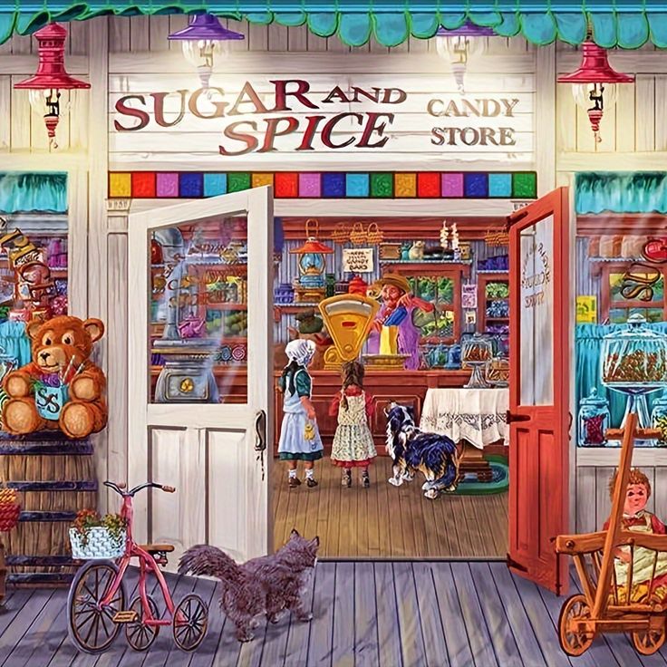 a painting of a store front with teddy bears and other items in the shop window