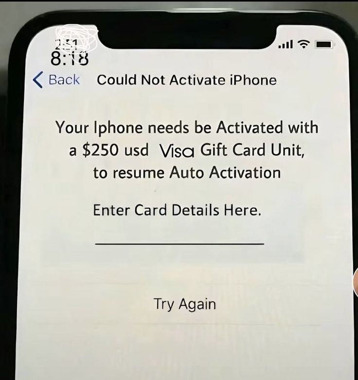 someone is holding their cell phone with the text, could not activate iphone your iphone needs be activated with a $ 250 us visa gift card