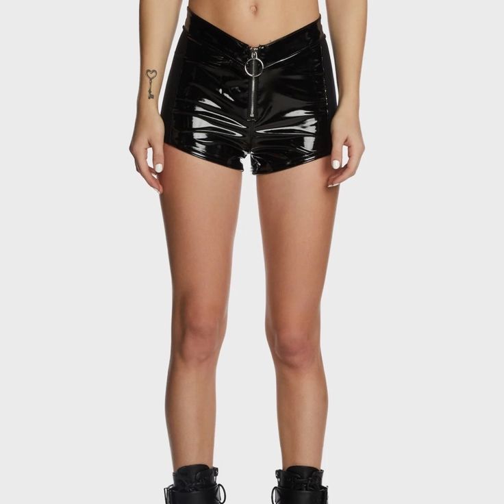 Nwt Clubexx Vinyl Zipper Mesh Shorts Size:Small Perfect For Festivals Or Night Outs Edgy Black Bottoms With Zipper Closure, Fitted Punk Shorts For Night Out, Punk Style Fitted Shorts For Night Out, Casual Club Bottoms With Zipper Closure, Edgy High-waisted Shorts For Club, Punk Style Bottoms With Zipper Closure For Night Out, Edgy Stretch Shorts For Club, Punk Style Short Bottoms For Club, Punk Style Shorts For Night Out