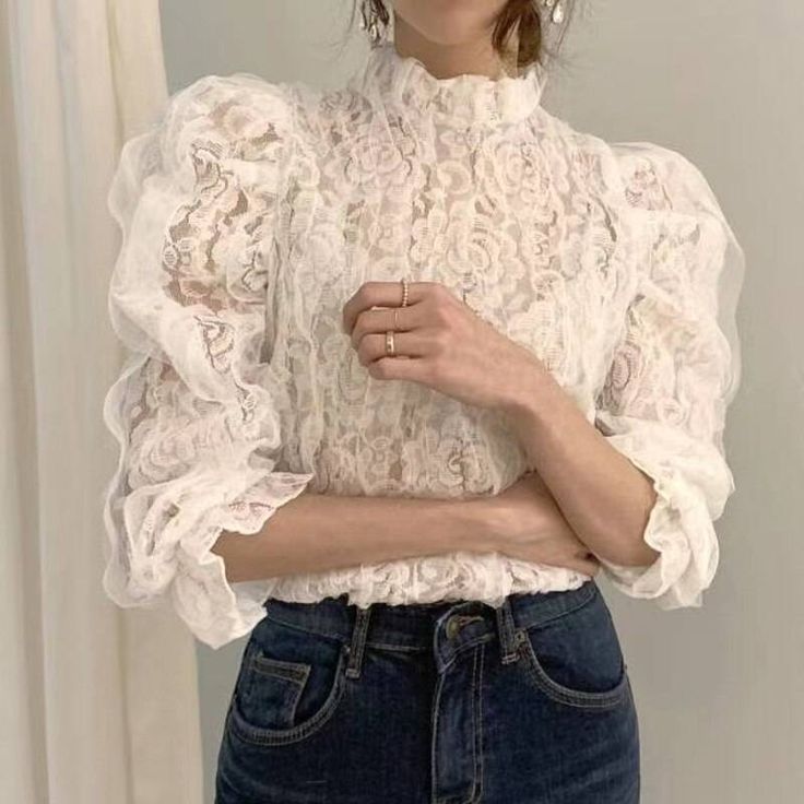 Stand Collar Blouse, Sweet Clothes, Flower Blouse, Puff Sleeve Shirt, Cheap Blouses, Mesh Blouse, Elegant Blouses, Lace Crochet, Mesh Long Sleeve