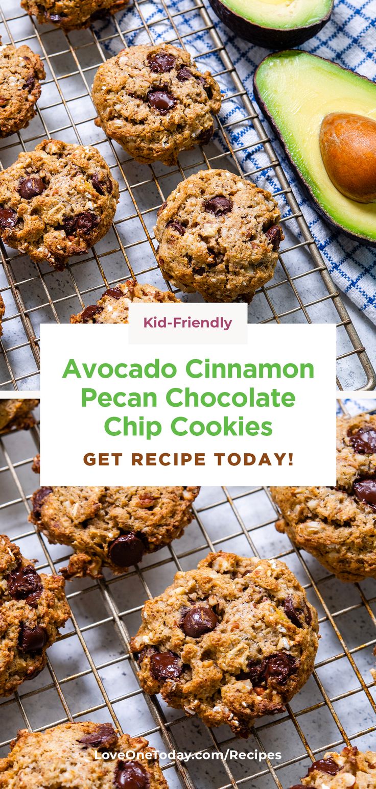 avocado and cinnamon pecan chocolate chip cookies on a cooling rack with an avocado in the background