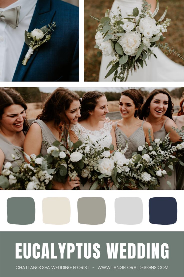 a collage of different wedding photos with flowers and greenery