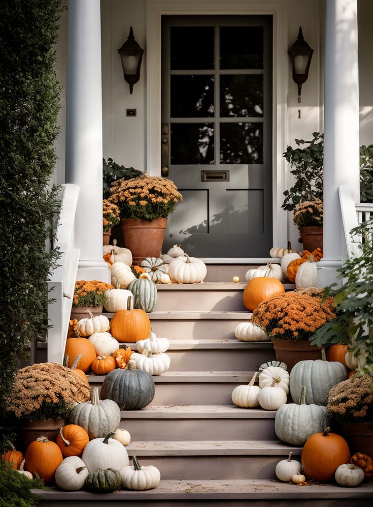 pumpkins and gourds line the front steps of a house