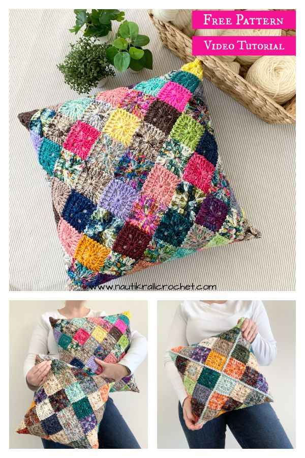 a woman is holding a colorful pillow made out of crocheted squares