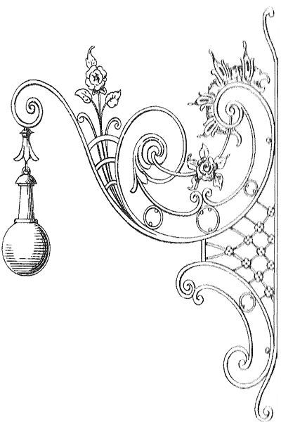 an ornate ironwork design with flowers and a lamp on the top, vintage line drawing or engraving illustration