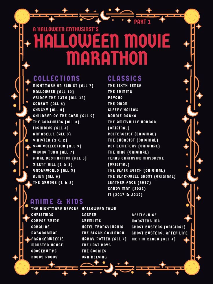 the halloween movie marathon poster is shown in pink and orange, with stars on it