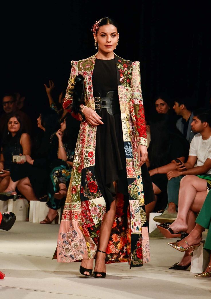 Varun Bahl-Black Patchwork Anarkali Jacket & Dress-INDIASPOPUP.COM Anarkali Jacket, Varun Bahl, Leather Corset Belt, Long Anarkali, Asymmetric Dress, Corset Belt, Leather Corset, Velvet Color, Multicolor Dress