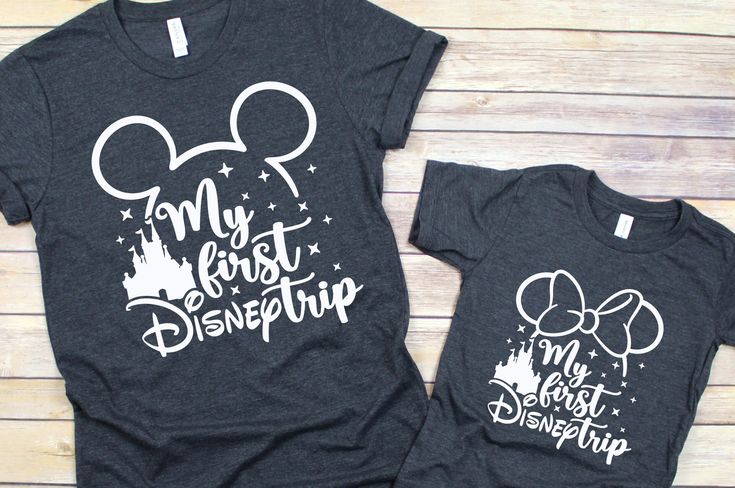 two tshirts with the words my first disney trip and my first disneyland on them