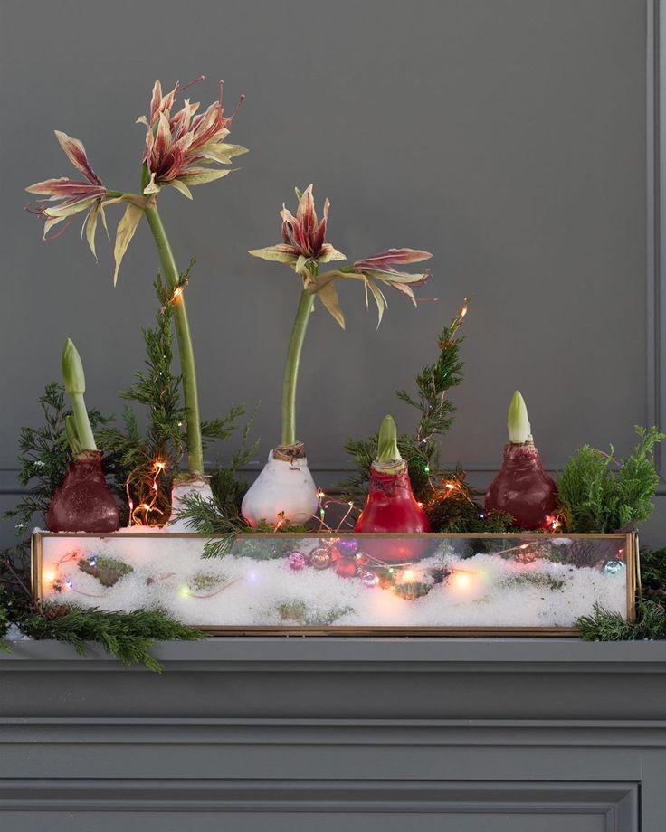 three flowers are in vases with lights on the top and below them, surrounded by greenery