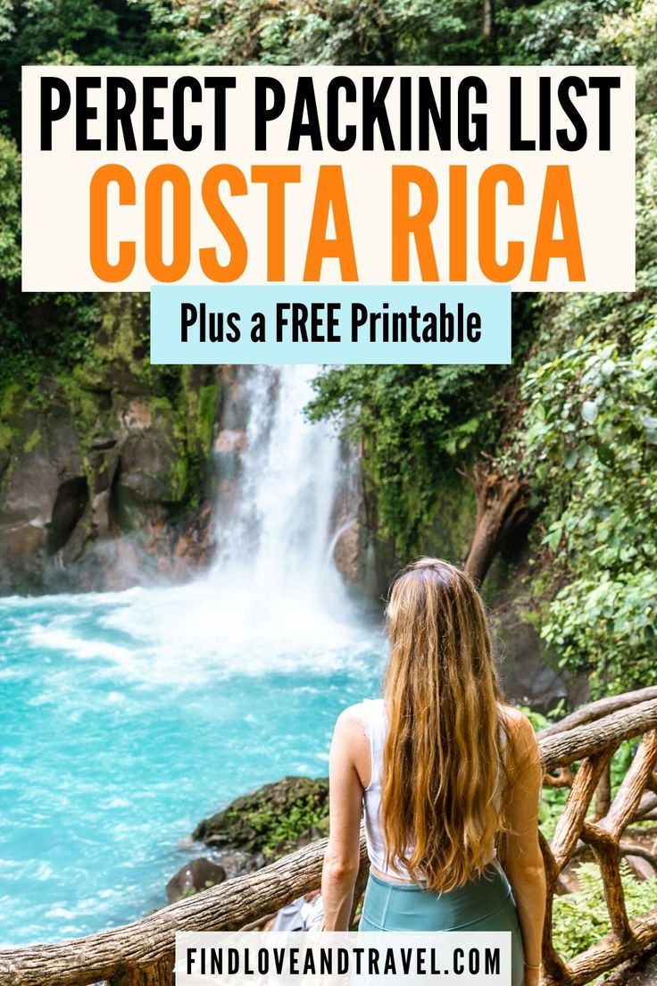 a woman standing in front of a waterfall with text overlay that reads perfect packing list costa rica plus a free printable