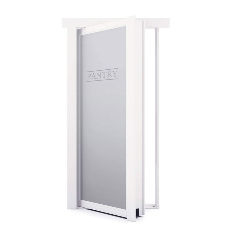 an open white door with the word pantry on it's side and bottom panel