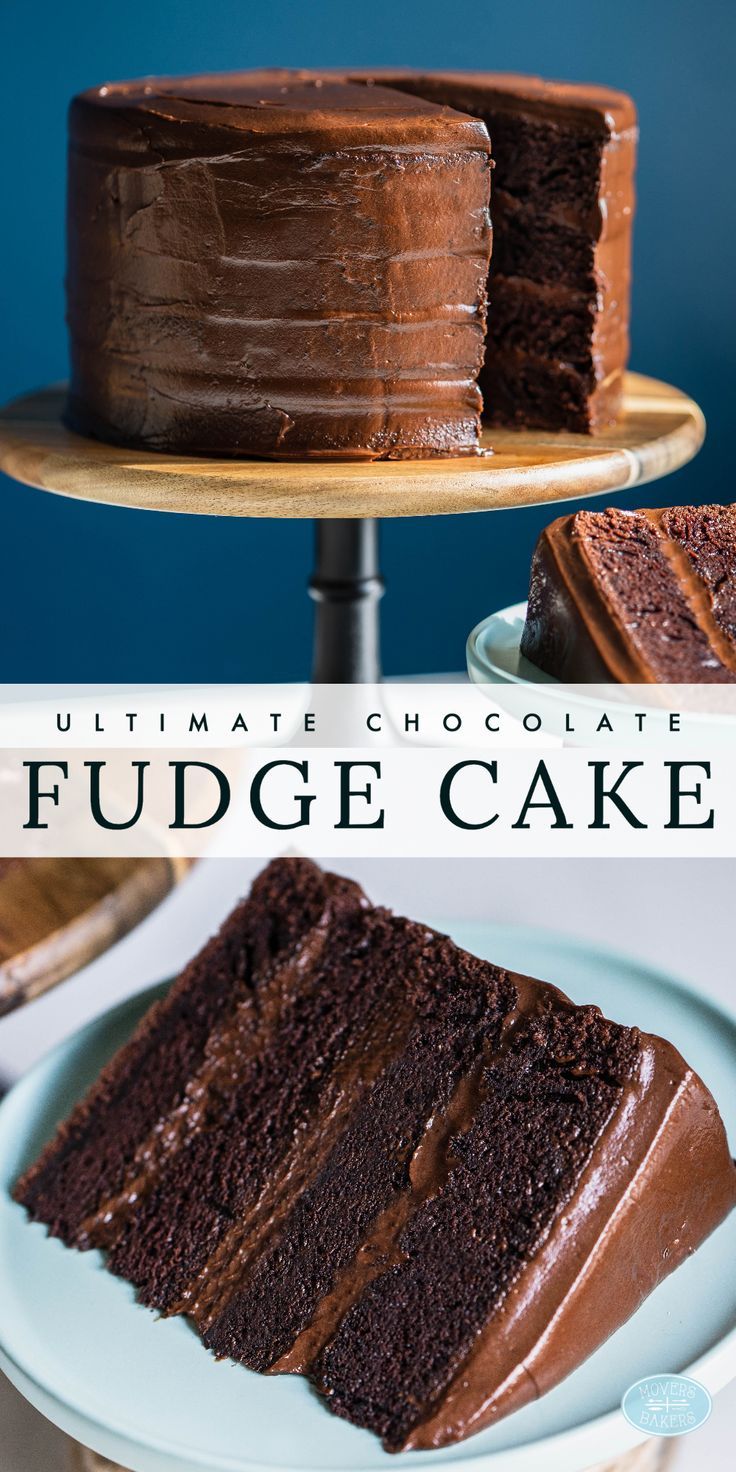 the ultimate chocolate fudge cake is ready to be cut into pieces and served on a plate