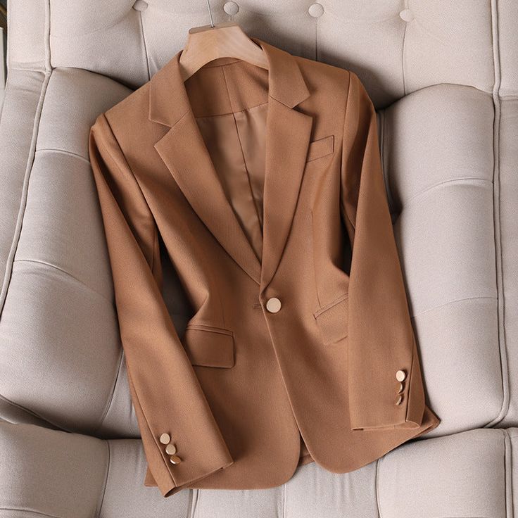 Product information : Version: slim type Length: ordinary style (50cm < length ≤65cm) Collar type: suit collar Sleeve length: long sleeves Popular elements: buttons Main fabric composition: polyester (polyester fiber) Color: single caramel suit jacket, single navy suit jacket, single khaki suit jacket Size Information: Size: S,M,L,XL,XXL,XXXL,XXXXL. Note: 1. Asian sizes are 1 to 2 sizes smaller than European and American people. Choose the larger size if your size between two sizes. Please allow Elegant Office Blazer With Lapel Collar, Fitted Blazer For Office Lady, Elegant Office Wear Blazer For Winter, Elegant Winter Office Wear Blazer, Elegant Single-breasted Blazer For Office, Elegant Long Sleeve Business Outerwear, Solid Fitted Suits For Fall, Fitted Solid Suits For Fall, Elegant Fall Blazer For Office