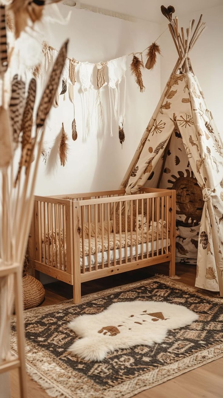 Boho gender-neutral nursery with earthy tones, wooden crib, animal fur rug, teepee decor, and soft pastel lighting. Nautical Theme Nursery, Gender Neutral Nursery Design, Wooden Crib, Nursery Design Neutral, Jungle Themed Nursery, Wooden Cribs, Dreamy Nursery, Nursery Designs, Pastel Nursery