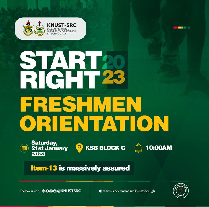 a poster for the start right 23 freshmen orientation event with two people walking