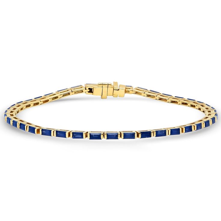 Clean and modern, this tennis bracelet is set with elegant blue sapphires. This is an excellent choice for someone looking to start a stunning arm stack or add some flair to a stack they already have. Available in 14k yellow, rose or yellow gold 2.73ctw sapphires 6.5" long By Eriness Tennis Bracelet Gold, Unique Engagement Rings Rose Gold, Vintage Engagement Rings Art Deco, Birthday Bracelet, Simple Diamonds, Jewelry Blue, Wedding Jewelry Bracelets, Minimalist Bracelet, Rings Cool