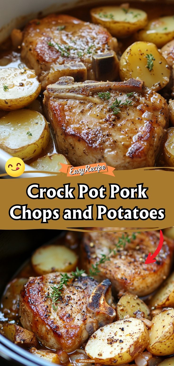 a pan filled with pork chops and potatoes covered in gravy next to the words crock pot pork chops and potatoes