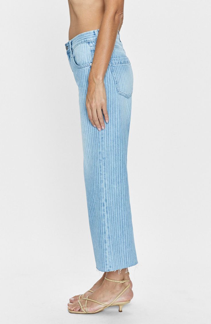 Slender stripes create visual intrigue on nonstretch-denim jeans fitted with a high rise and cropped wide legs for contemporary appeal. 26" inseam; 25" leg opening; 11 3/4" front rise; 15 1/2" back rise (size 29) Zip fly with button closure Five-pocket style 77% cotton, 23% rayon Machine wash, tumble dry Imported Modern Cropped Leg Bottoms For Spring, Trendy Pinstripe Wide Leg Bottoms, Striped Relaxed Fit Straight Leg Jeans, Striped Wide-leg Denim Jeans, Striped Wide Leg Denim Jeans, Striped Wide-leg Denim Pants, Striped Wide Leg Denim Pants, Striped Jeans For Spring, Modern Cropped Bottoms With Relaxed Fit