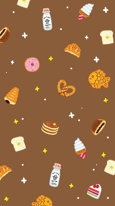 a brown background with many different types of food and desserts on it's surface