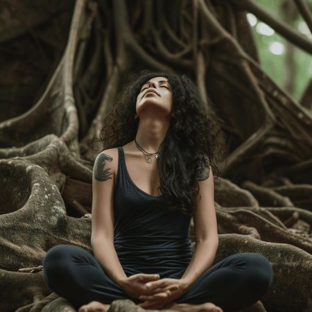 a woman sitting in the middle of a tree with her eyes closed