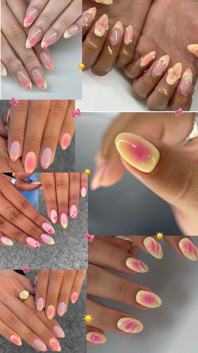 summer nail inspo, pink and yellow nail inspo, acrylic nail inspo Almonds Nails Short, Pale Yellow And Pink Nails, Pink And Yellow Short Nails, Pink Yellow Nail Designs, Pink And Yellow Summer Nails, Pastel Pink Aesthetic Nails, Holiday Nail Inspo Summer Short, Nail Inspo Almond Simple, Nail Inspo Almond Short