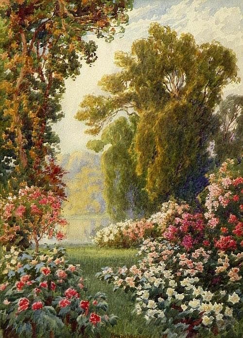 an image of a painting of flowers in the garden with trees and bushes around it