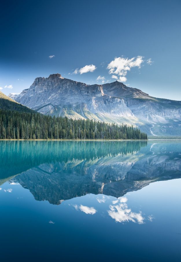 the mountain range is reflected in the still waters of this alpine lake, with pine - covered trees on both sides