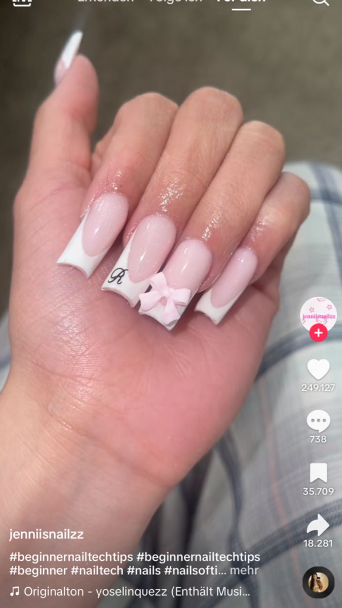 White Nails With Designs Initial, Cursive E On Nails, Cursive R On Nails, Cute Nails Acrylic Initials, Square White Nails Design, Acrylic Nails Letter J Design, Letter R On Nails Acrylic, Nails With Your Mans Initials, Nail Ideas With Initial Square